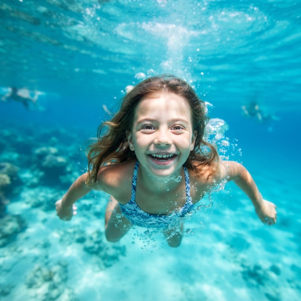 Lachend meisje zwemt onder water, zwemdiploma A